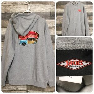 Jacks Surfboards Hoodie Sweatshirt Men’s XL Gray Pullover Graphic Print